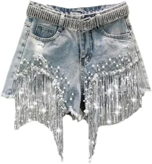 Female Denim Shorts Summer High Waist Slimming Heavy Beaded Sequin Fringed Ripped Wide Leg Pants Jeans Hot Pants