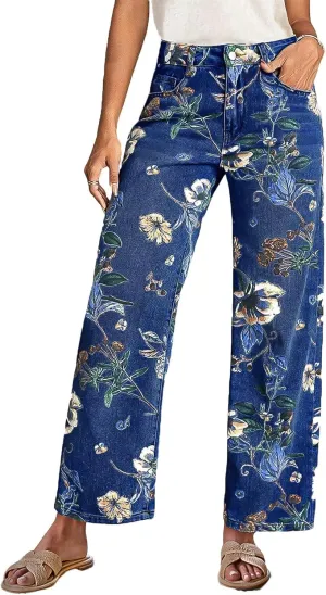 Flamingals High-Rise Vintage Floral Straight Leg Pants for Women Summer Casual Denim Pants