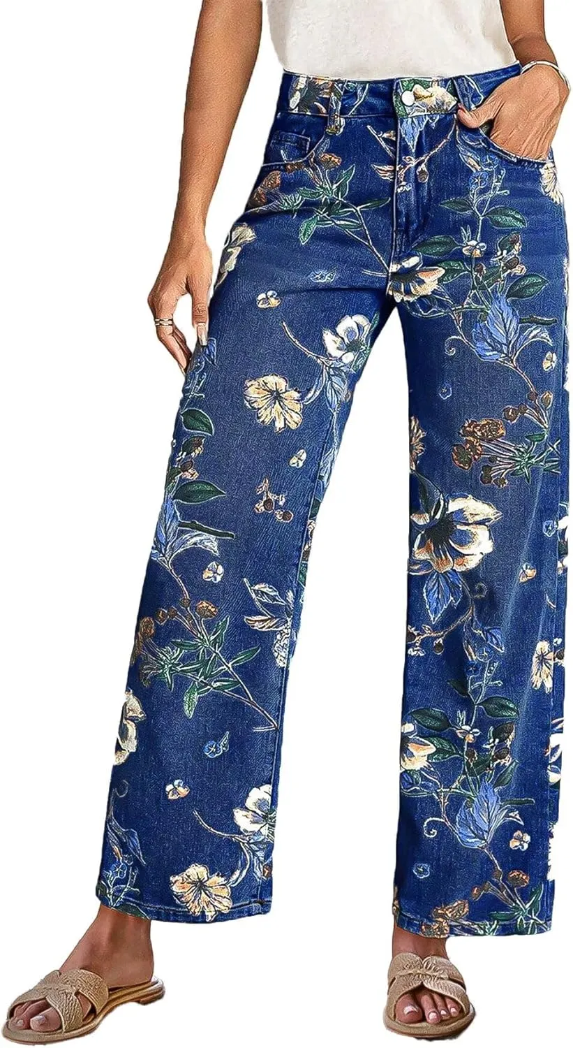 Flamingals High-Rise Vintage Floral Straight Leg Pants for Women Summer Casual Denim Pants