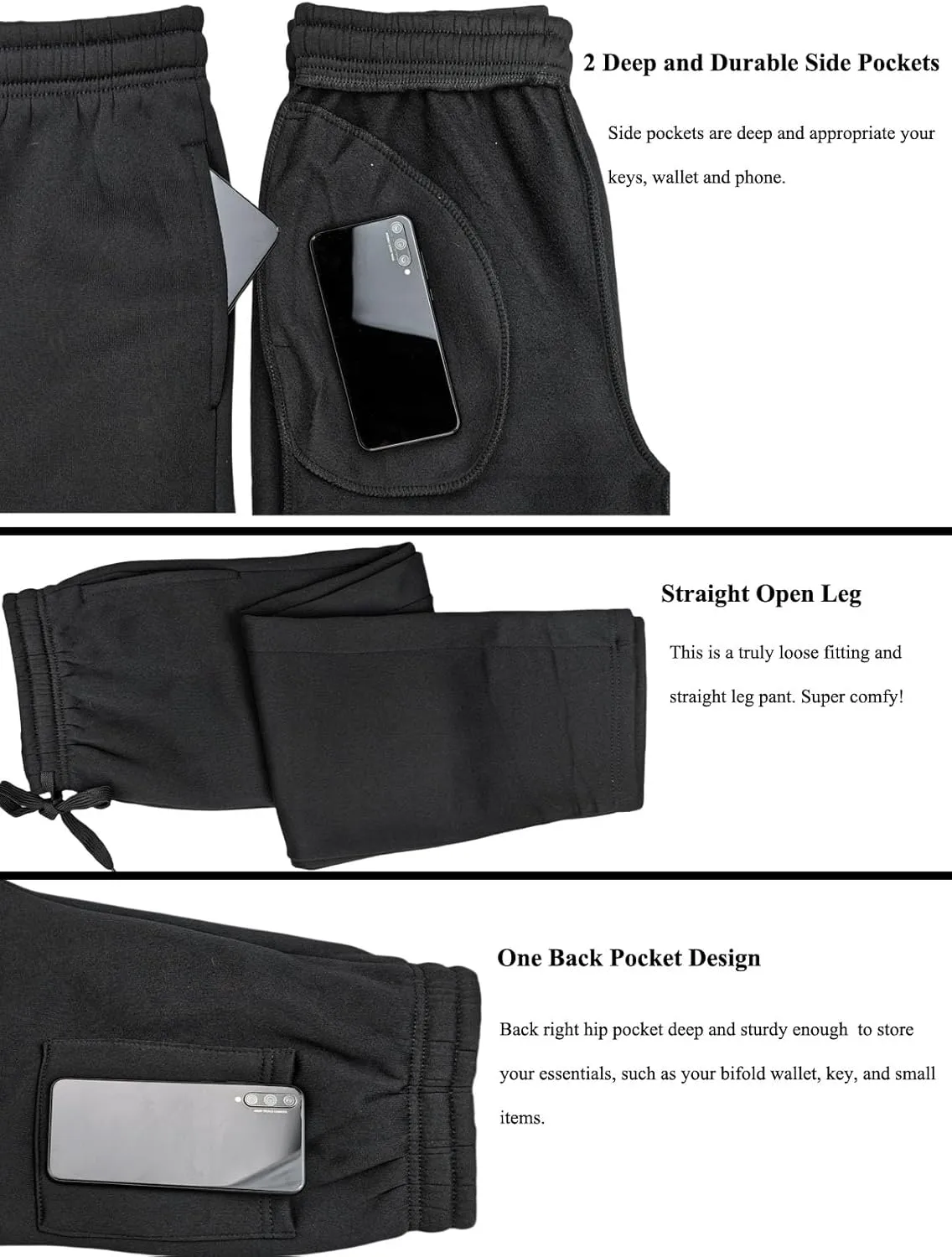 Fleece Lined Mens Sweatpant Basic Baggy Athletic Running Drawstring Open Bottom Workout Active Sweat Pants