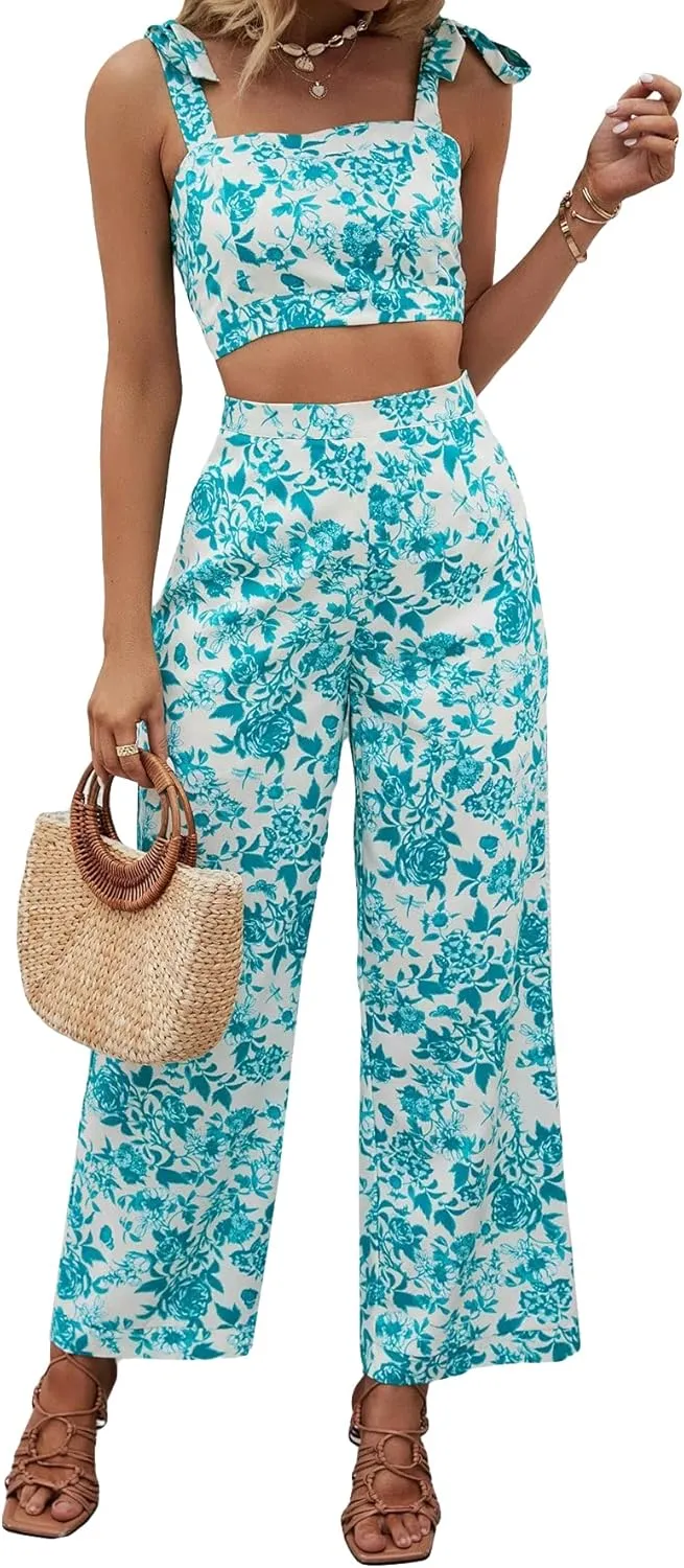 Floerns Women's 2 Piece Summer Outfit Floral Print Knot Shoulder Zip Back Crop Cami Top and Maxi Pants Set