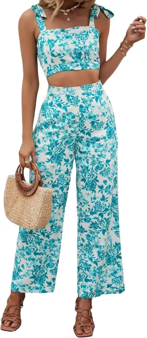 Floerns Women's 2 Piece Summer Outfit Floral Print Knot Shoulder Zip Back Crop Cami Top and Maxi Pants Set