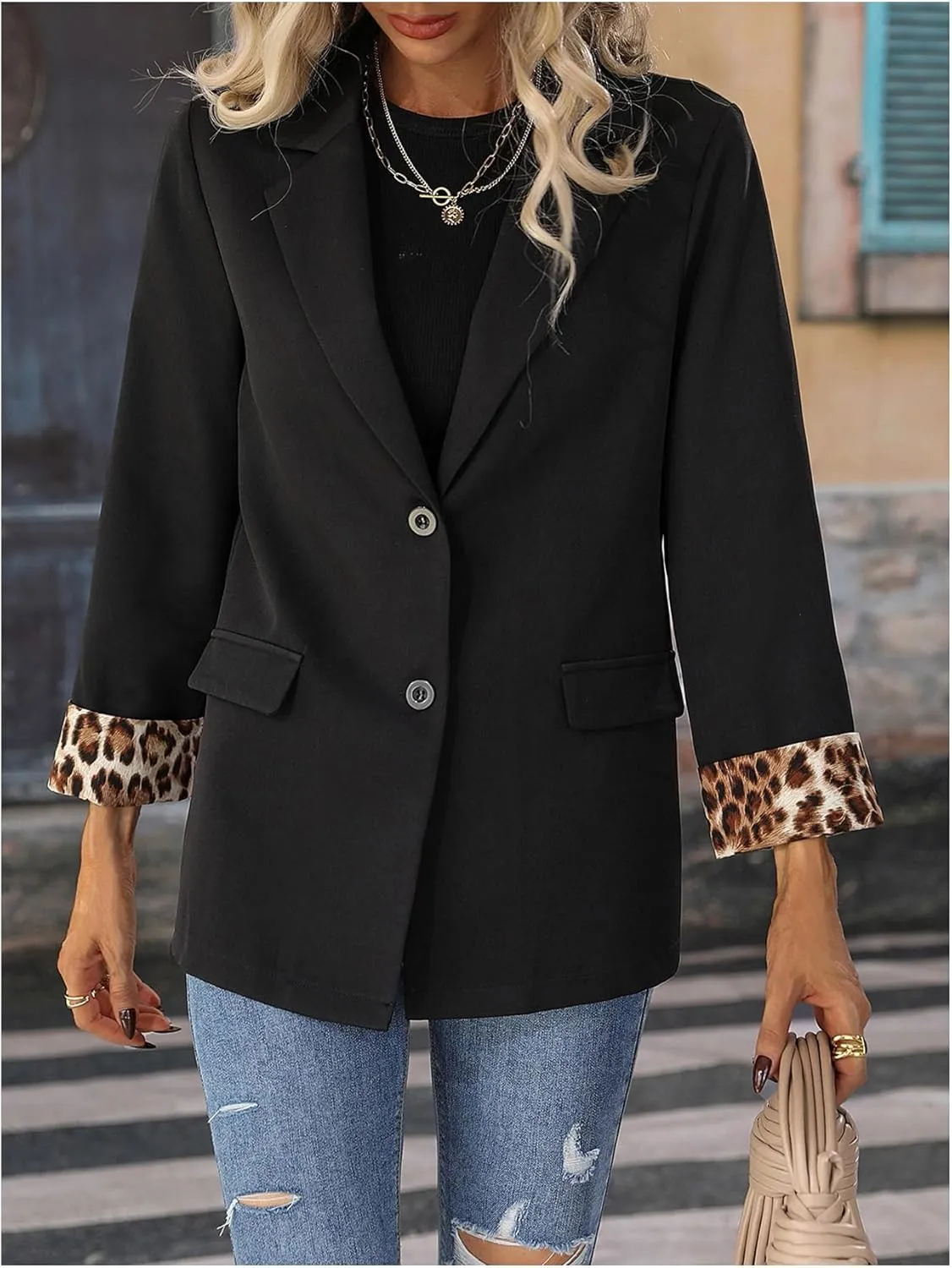 Floerns Women's Contrast Leopard Blazer Lapel Button Down Long Sleeve Office Blazer Jacket