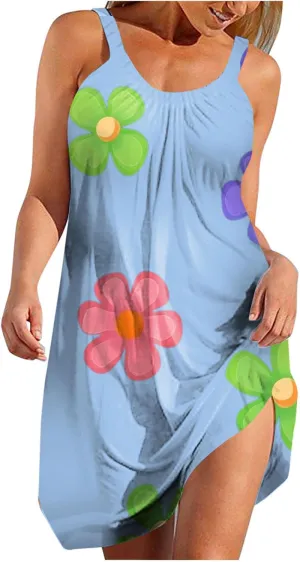 Floral Printed Midi Tank Dress for Women Sleeveless Summer Boho Dresses Loose Fit Beach Cover Ups Sundress