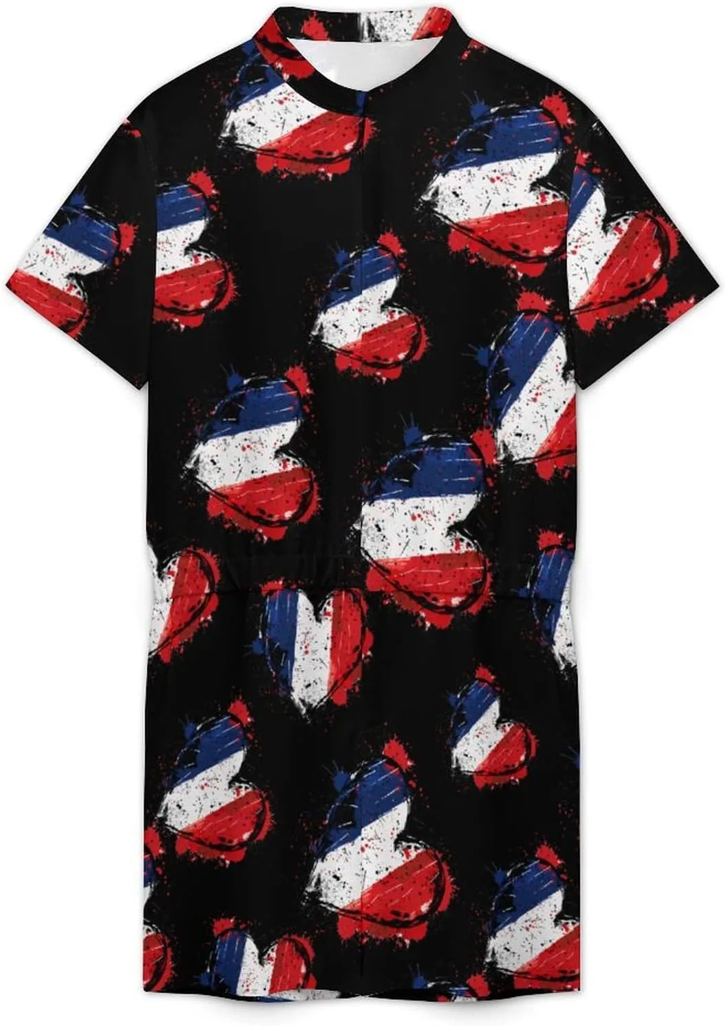 France Heart Vintage Flag Mens Short Sleeve Rompers Printed Slim Fit One Piece Jumpsuit with Pocket