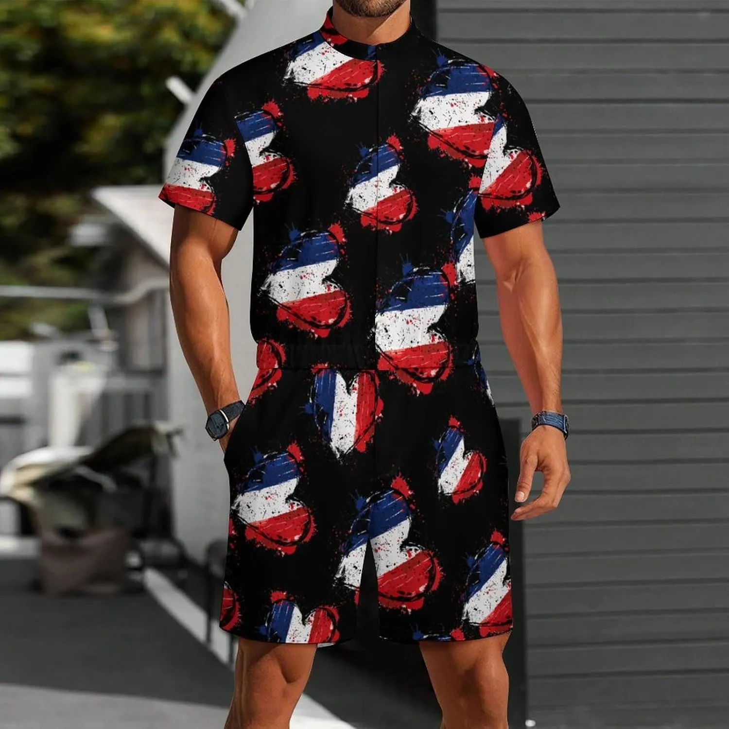 France Heart Vintage Flag Mens Short Sleeve Rompers Printed Slim Fit One Piece Jumpsuit with Pocket