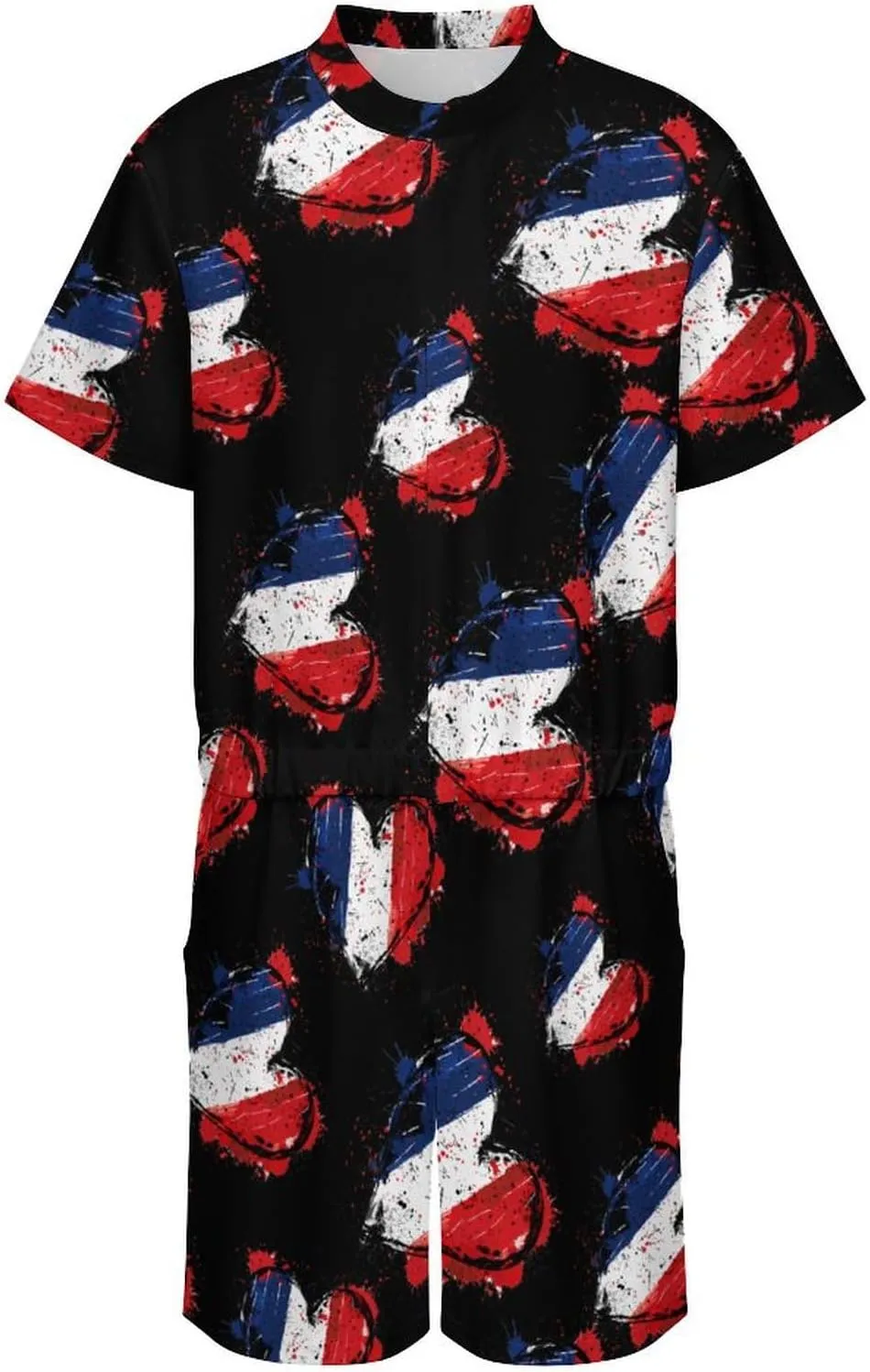 France Heart Vintage Flag Mens Short Sleeve Rompers Printed Slim Fit One Piece Jumpsuit with Pocket