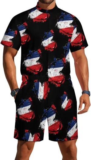 France Heart Vintage Flag Mens Short Sleeve Rompers Printed Slim Fit One Piece Jumpsuit with Pocket