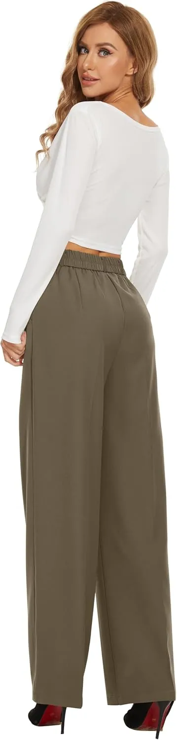 FUNYYZO Fall Women Wide Leg Pants High Elastic Waisted in The Back Business Work Trousers Long Straight Suit Pants_