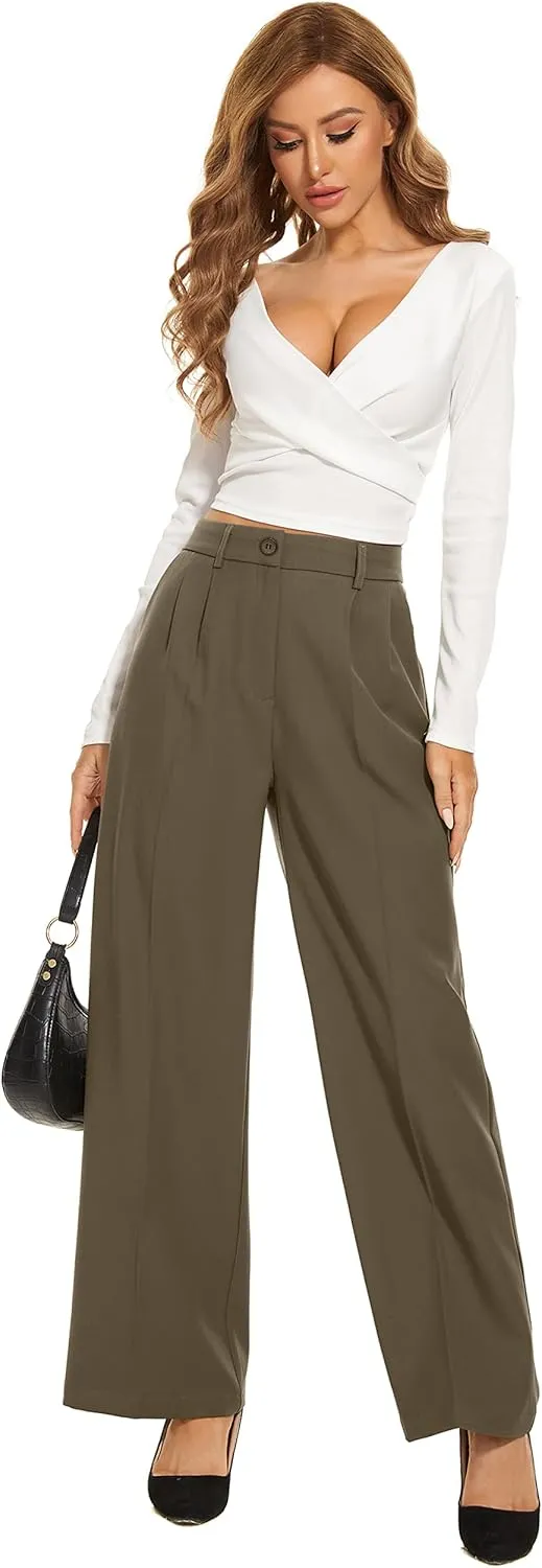 FUNYYZO Fall Women Wide Leg Pants High Elastic Waisted in The Back Business Work Trousers Long Straight Suit Pants_