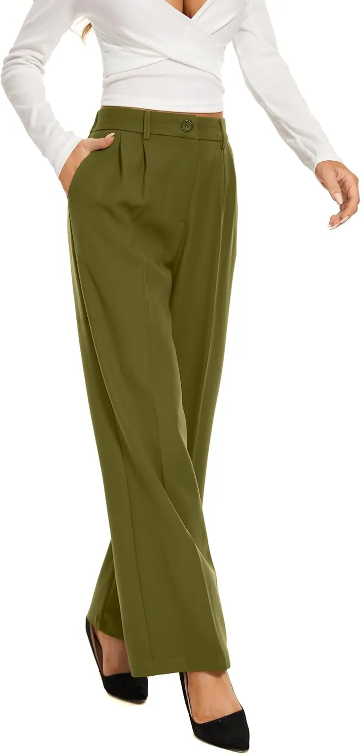 FUNYYZO Wide Leg Pants Women's High Elastic Waisted in The Back Business Work Trousers Long Straight Suit Pants