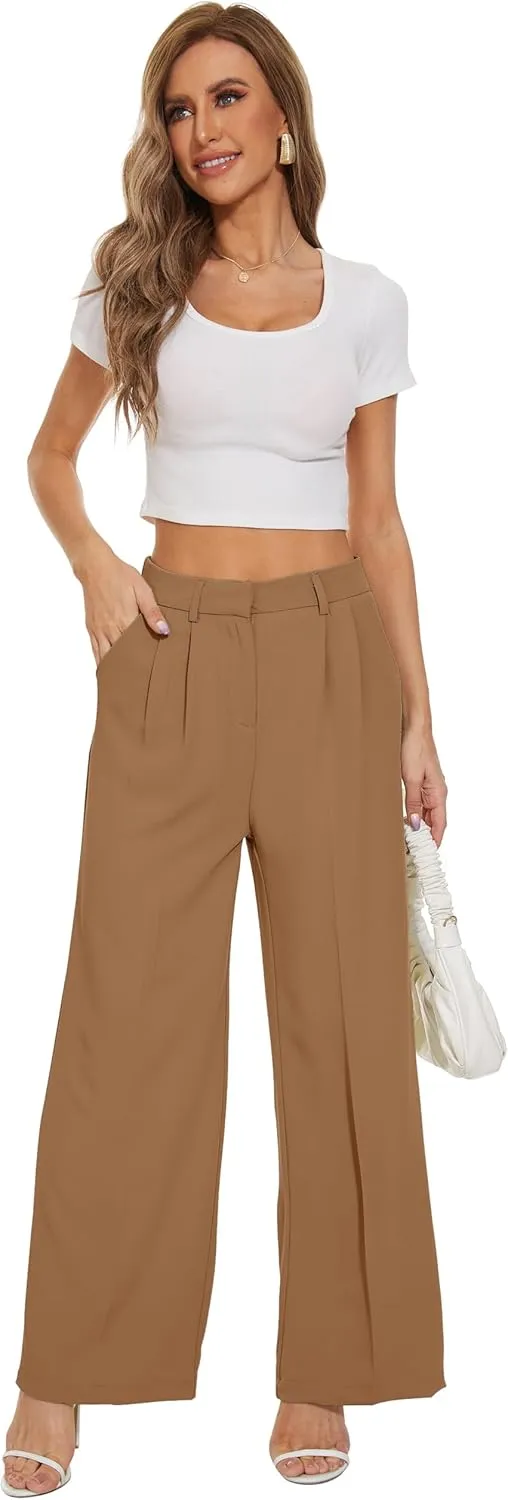 FUNYYZO Wide Leg Pants Women's High Elastic Waisted in The Back Business Work Trousers Long Straight Suit Pants