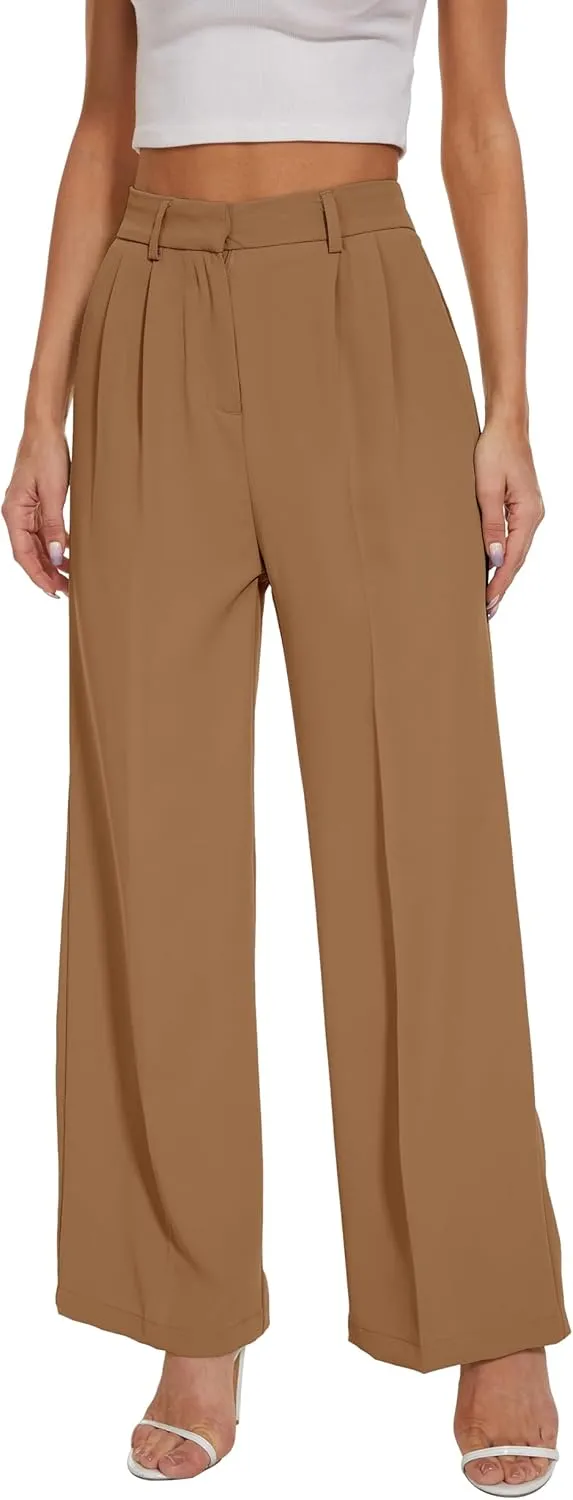 FUNYYZO Wide Leg Pants Women's High Elastic Waisted in The Back Business Work Trousers Long Straight Suit Pants