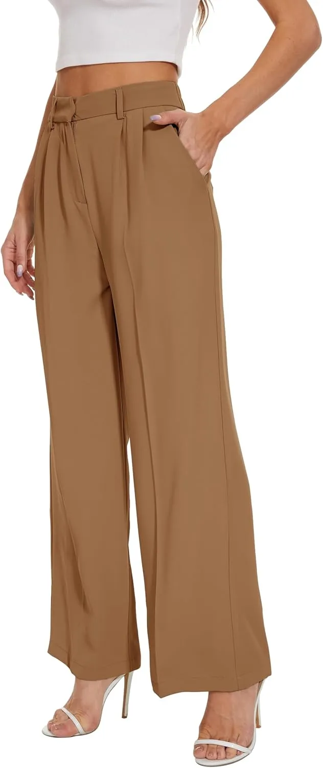 FUNYYZO Wide Leg Pants Women's High Elastic Waisted in The Back Business Work Trousers Long Straight Suit Pants