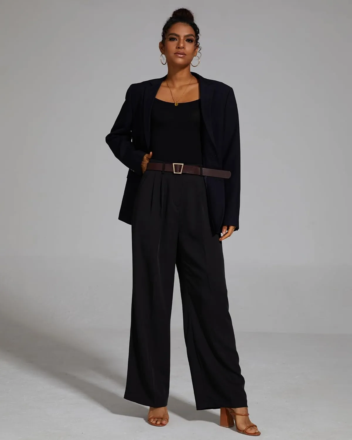 FUNYYZO Wide Leg Pants Women's High Elastic Waisted in The Back Business Work Trousers Long Straight Suit Pants