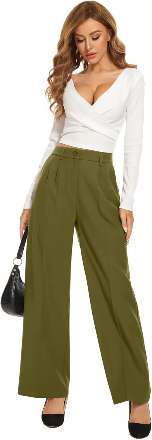 FUNYYZO Wide Leg Pants Women's High Elastic Waisted in The Back Business Work Trousers Long Straight Suit Pants