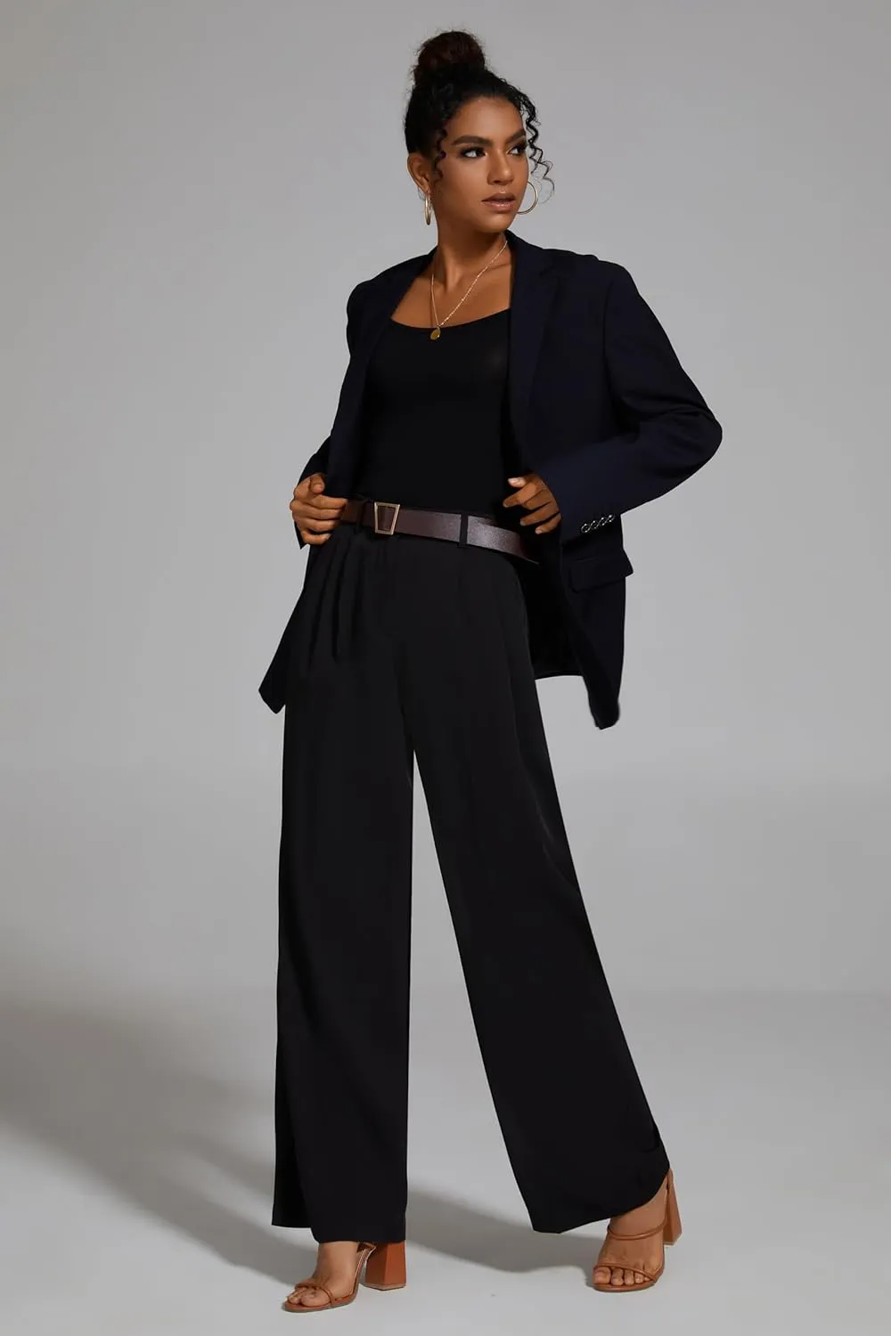 FUNYYZO Wide Leg Pants Women's High Elastic Waisted in The Back Business Work Trousers Long Straight Suit Pants