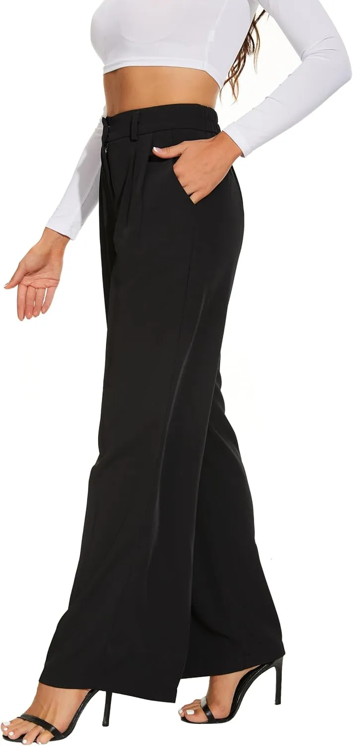 FUNYYZO Wide Leg Pants Women's High Elastic Waisted in The Back Business Work Trousers Long Straight Suit Pants