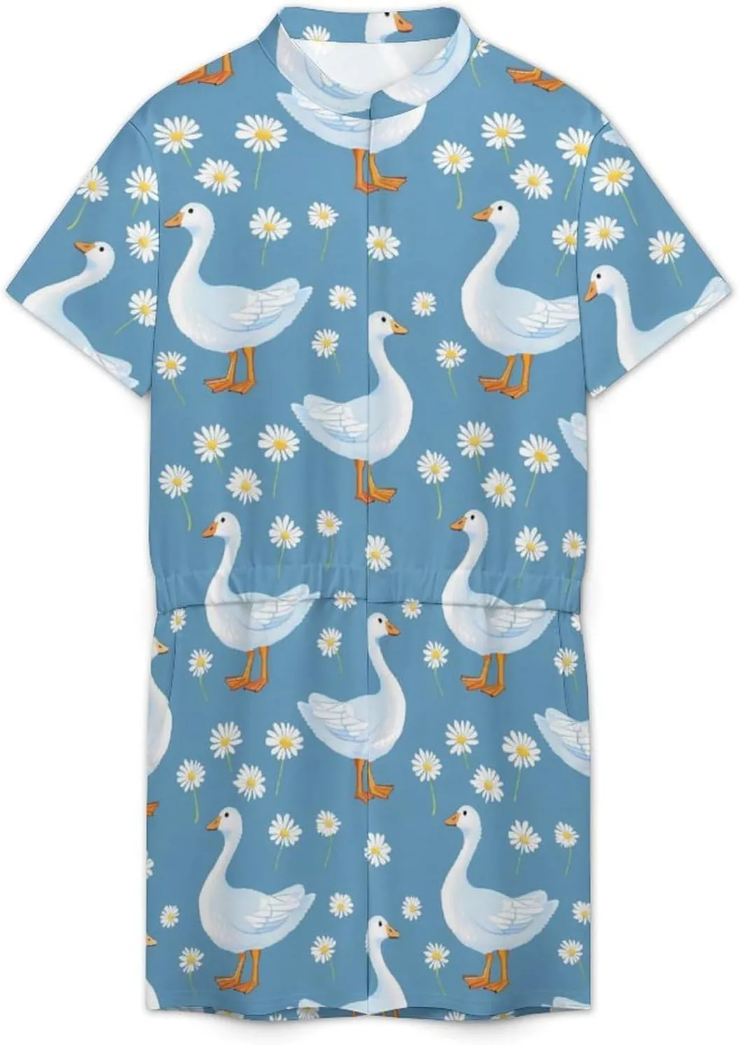 Goose Print Mens Short Sleeve Rompers Printed Slim Fit One Piece Jumpsuit with Pocket