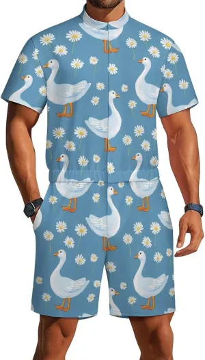 Goose Print Mens Short Sleeve Rompers Printed Slim Fit One Piece Jumpsuit with Pocket