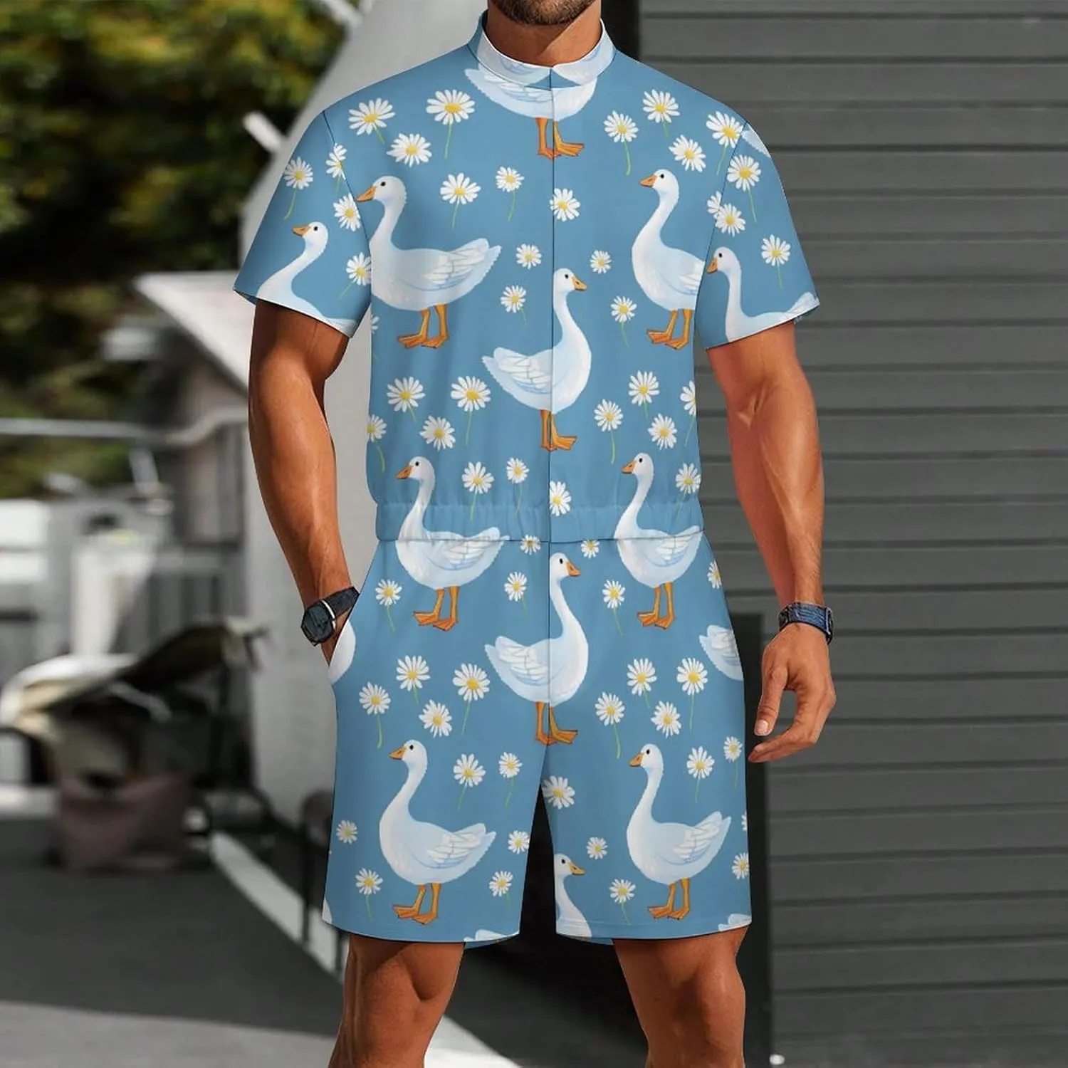 Goose Print Mens Short Sleeve Rompers Printed Slim Fit One Piece Jumpsuit with Pocket