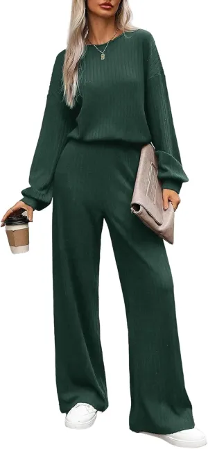 Happy Sailed Jumpsuits for Women Casual Loose Solid Ribbed Crewneck Long Sleeve Long Romper with Pockets