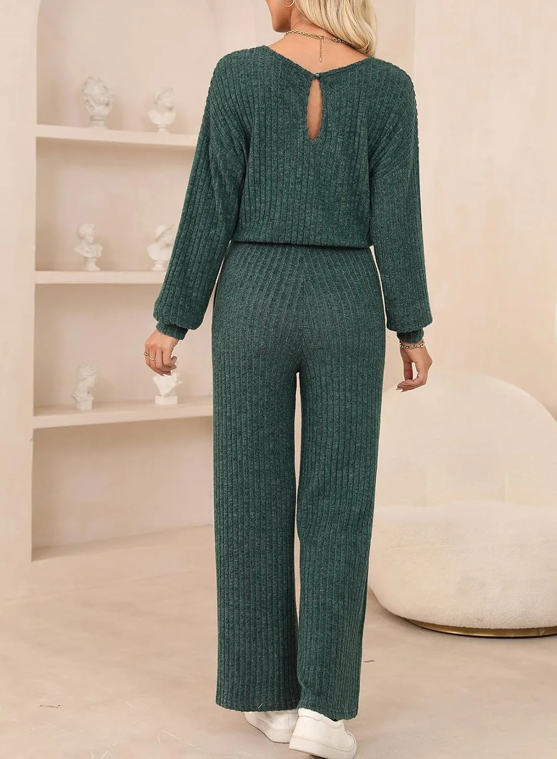 Happy Sailed Jumpsuits for Women Casual Loose Solid Ribbed Crewneck Long Sleeve Long Romper with Pockets