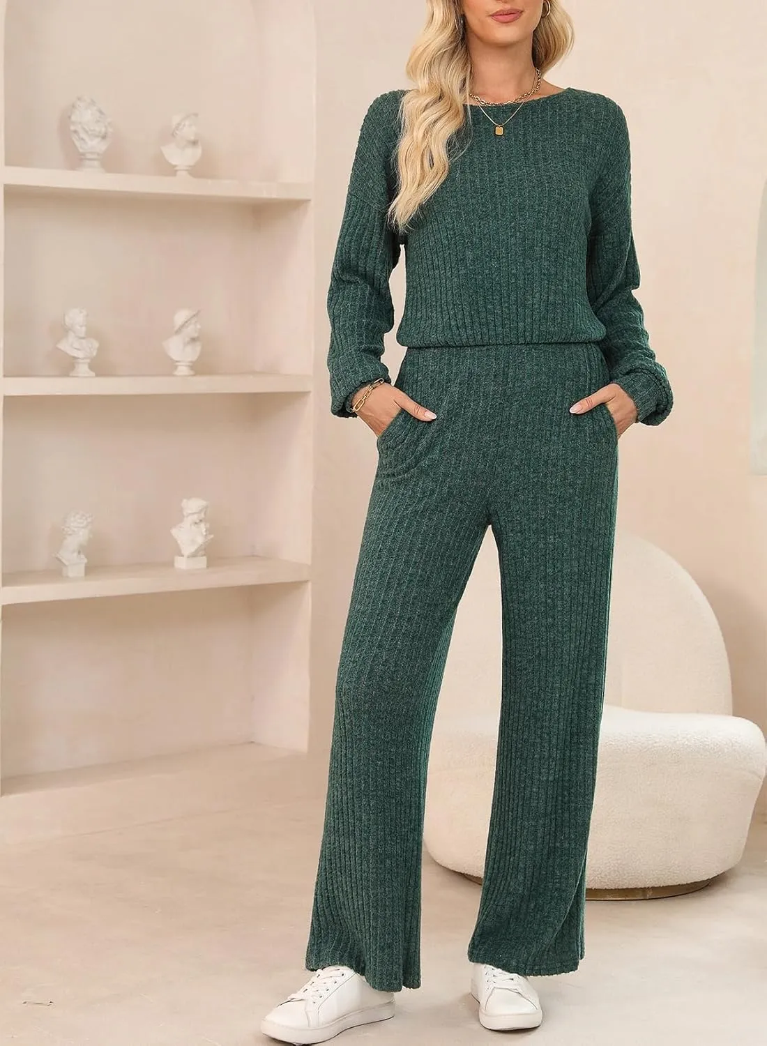 Happy Sailed Jumpsuits for Women Casual Loose Solid Ribbed Crewneck Long Sleeve Long Romper with Pockets