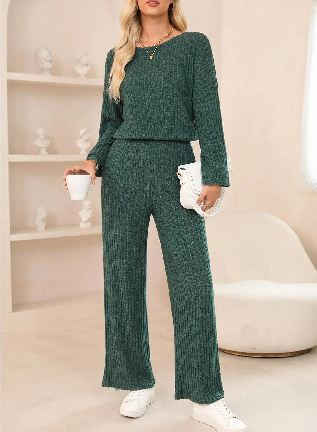 Happy Sailed Jumpsuits for Women Casual Loose Solid Ribbed Crewneck Long Sleeve Long Romper with Pockets
