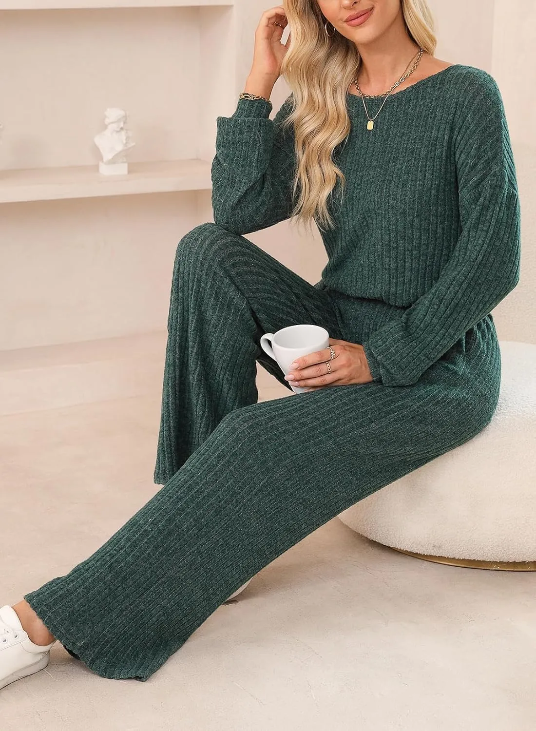 Happy Sailed Jumpsuits for Women Casual Loose Solid Ribbed Crewneck Long Sleeve Long Romper with Pockets