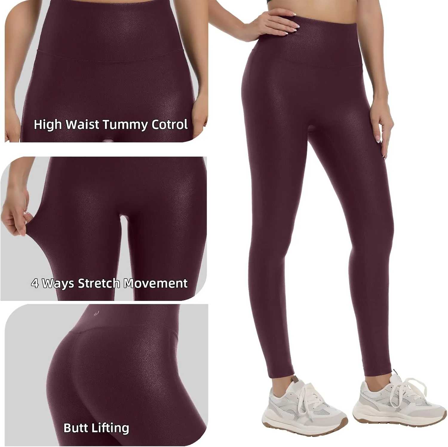 HARTPOR Faux Leather Leggings for Women 25''/ 28''- High Waisted Tummy Control Leather Pants Stretch Ankle Pleather Leggings