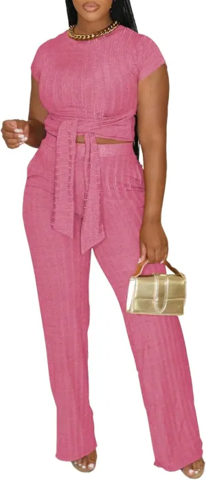 HBQ Women's Summer 2 Piece Outfits Lounge Sets Short Sleeve Belted Crop Tops Wide Leg Pant Sets Casual Tracksuit-Pink-M