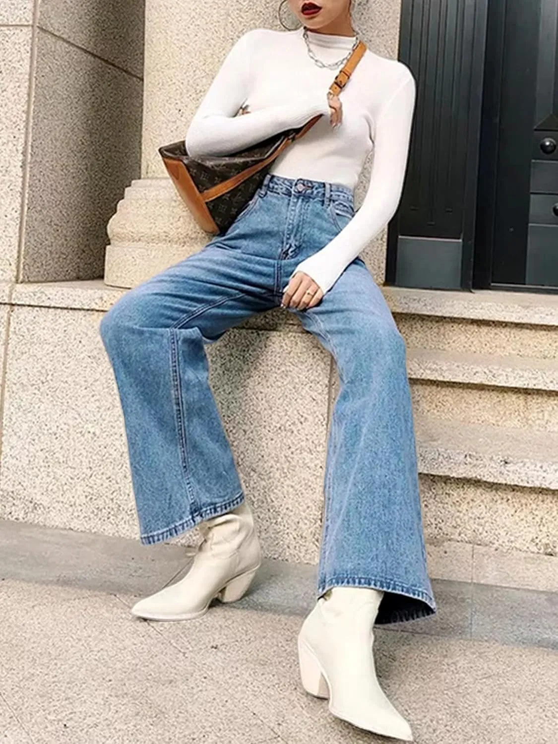 HDLTE Women Ripped Boyfriends Jeans Distressed High Waist Baggy Denim Pants Wide Leg Straight Trousers Y2k Streetwear Pants