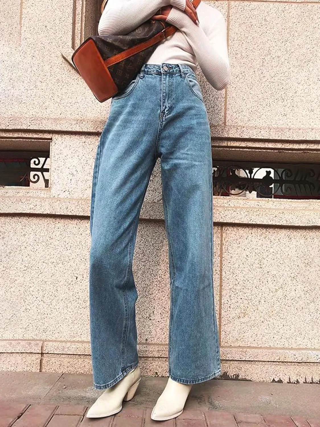 HDLTE Women Ripped Boyfriends Jeans Distressed High Waist Baggy Denim Pants Wide Leg Straight Trousers Y2k Streetwear Pants