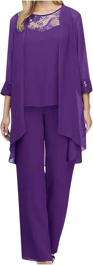 HGps8w Women's Chiffon 3 Pieces Pants Suits, Elegant Lace Mother of Bride Dressy Sets Wedding Guest Formal Evening Outfits