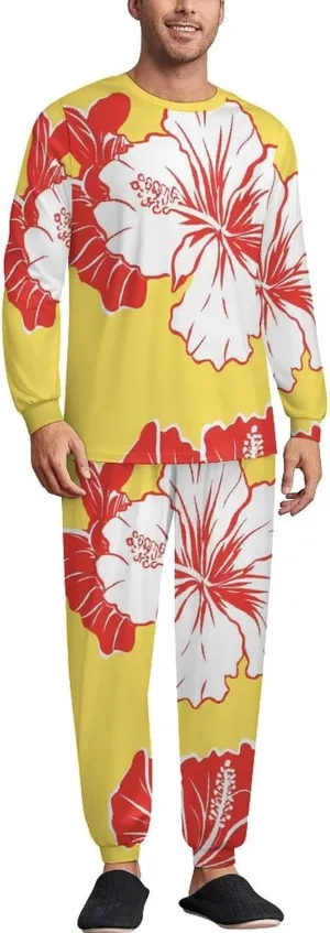 Hibiscus Flowers Soft Mens Pajamas Set Round Neck Pullover Long Sleeve And Pants Loungewear 2 Piece Pjs Set