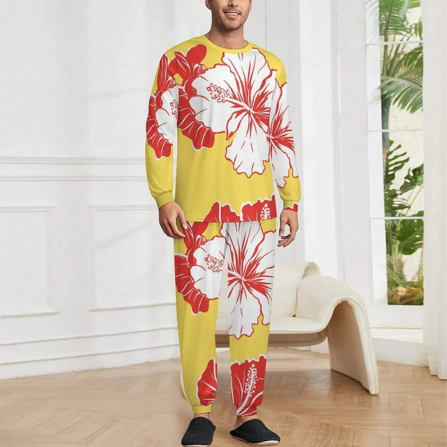 Hibiscus Flowers Soft Mens Pajamas Set Round Neck Pullover Long Sleeve And Pants Loungewear 2 Piece Pjs Set