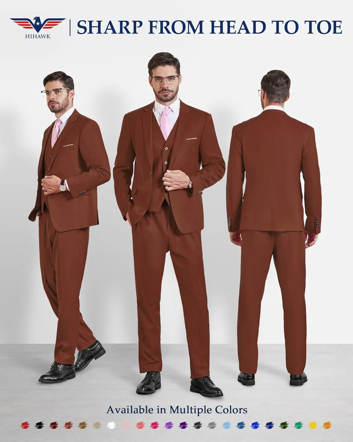 Hihawk Men's Slim Fit 3 Pieces Suit, One Button Blazer Set, Jacket Vest and Pants for Wedding Party Business Prom