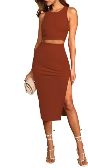 HUUSA 2 Piece Dress for Women Sexy Sleeveless Slim Bodycon Split Midi Dresses Casual Crewneck Tank Tops High Waist Skirt Sets