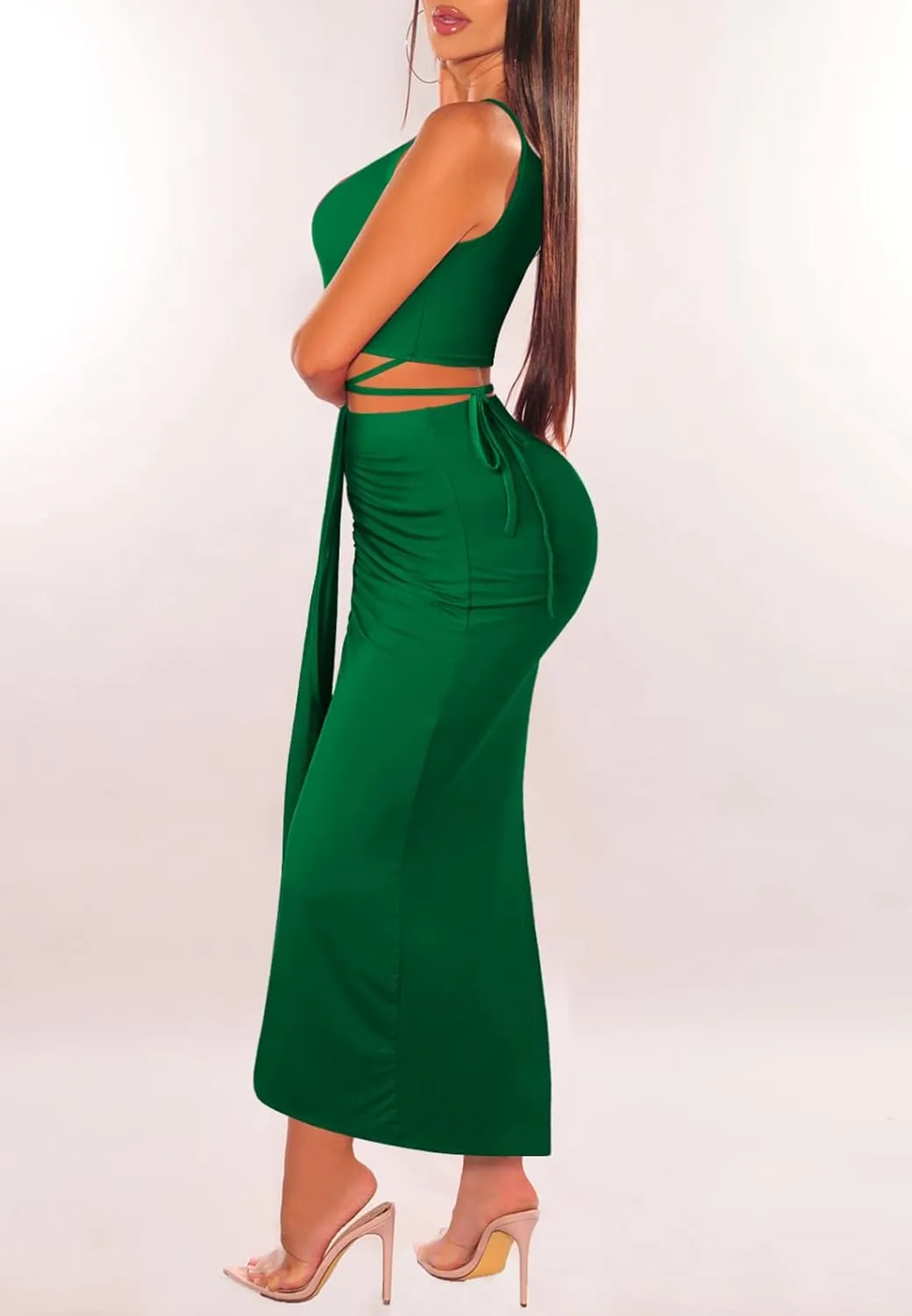 HUUSA Women's Sexy 2 Piece Skirt Sets Elegant Bodycon Maxi Dress Sleeveless Tank Shirt Tops High Waist Ruched Slit Long Dress
