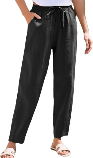 HXHYQKP Women's Cotton Linen Straight Leg Pants Elastic Drawstring Casual Summer Beach Lounge Trousers with Pockets