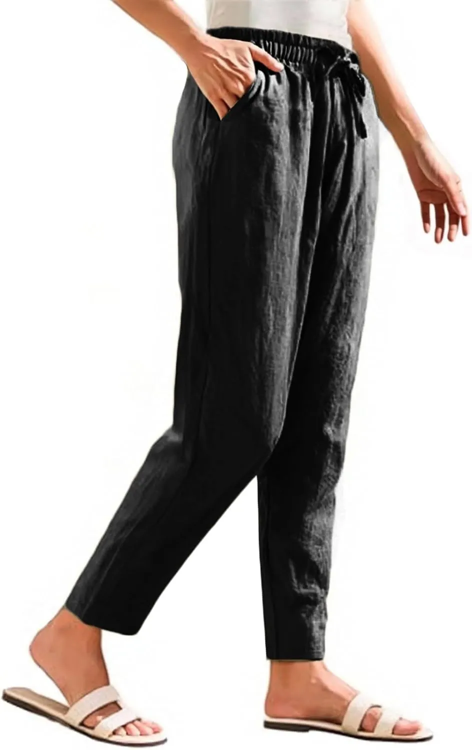 HXHYQKP Women's Cotton Linen Straight Leg Pants Elastic Drawstring Casual Summer Beach Lounge Trousers with Pockets