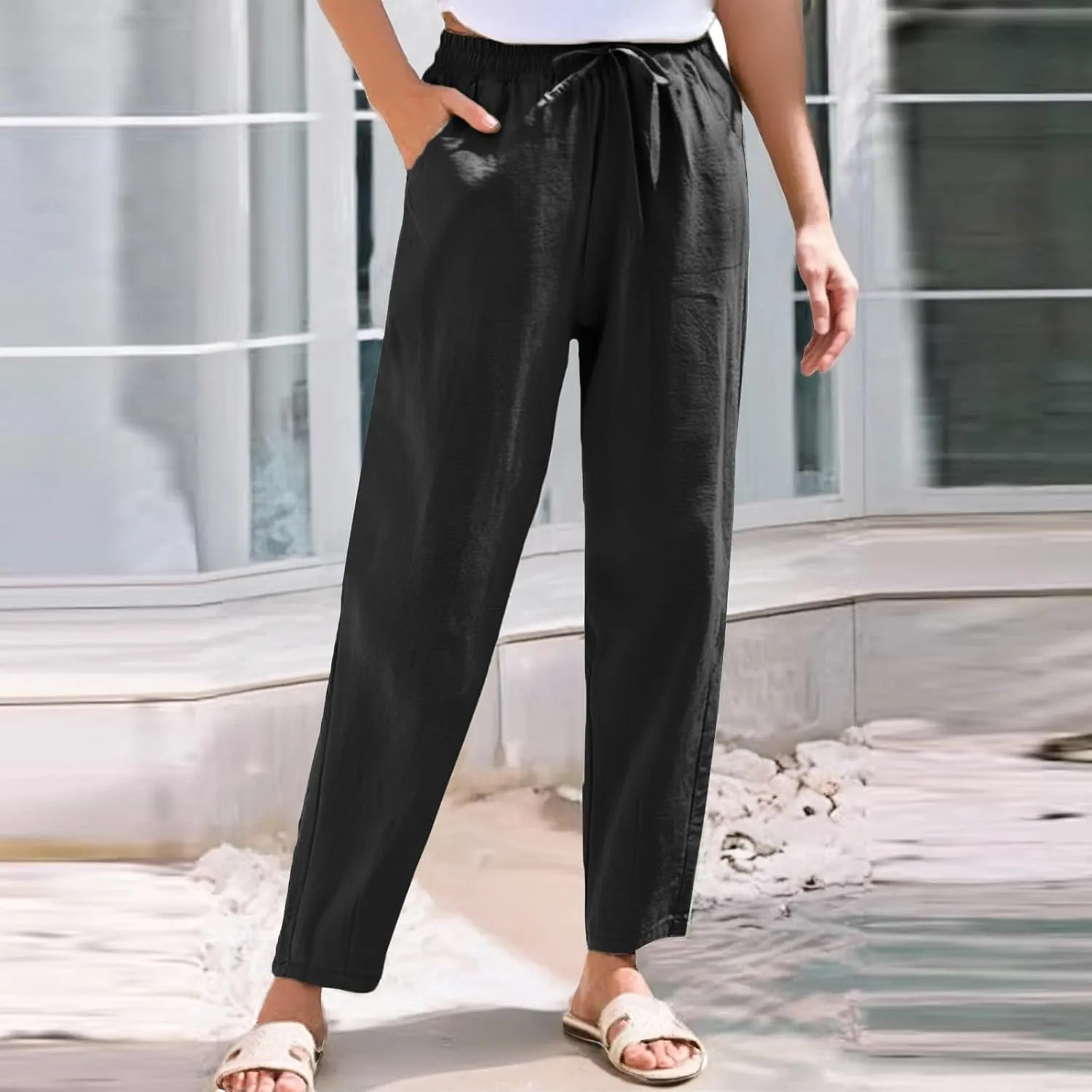 HXHYQKP Women's Cotton Linen Straight Leg Pants Elastic Drawstring Casual Summer Beach Lounge Trousers with Pockets