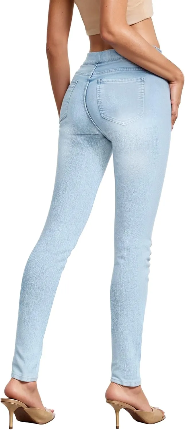 Hybrid & Company Women's Pull On Stretchy Mid Rise Skinny Fit Pants Regular or Distressed Jeans with Long Short Inseam
