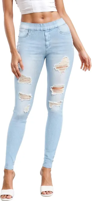 Hybrid & Company Women's Pull On Stretchy Mid Rise Skinny Fit Pants Regular or Distressed Jeans with Long Short Inseam