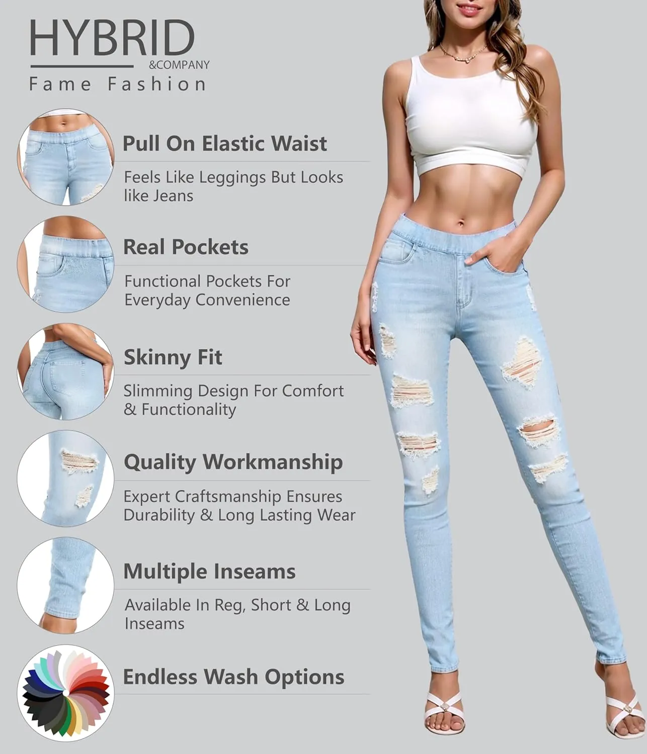 Hybrid & Company Women's Pull On Stretchy Mid Rise Skinny Fit Pants Regular or Distressed Jeans with Long Short Inseam