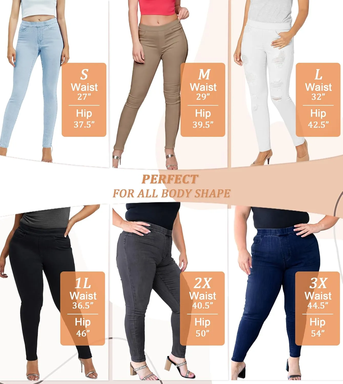 Hybrid & Company Women's Pull On Stretchy Mid Rise Skinny Fit Pants Regular or Distressed Jeans with Long Short Inseam