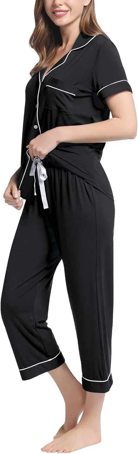 Joyaria Women Viscose Made from Bamboo Pajamas Set Cooling Capri Button Up/Down Pjs Short Sleeve Sleepwear
