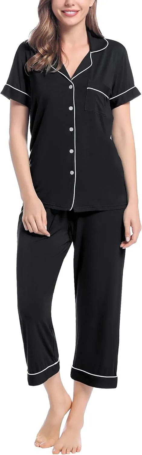 Joyaria Women Viscose Made from Bamboo Pajamas Set Cooling Capri Button Up/Down Pjs Short Sleeve Sleepwear