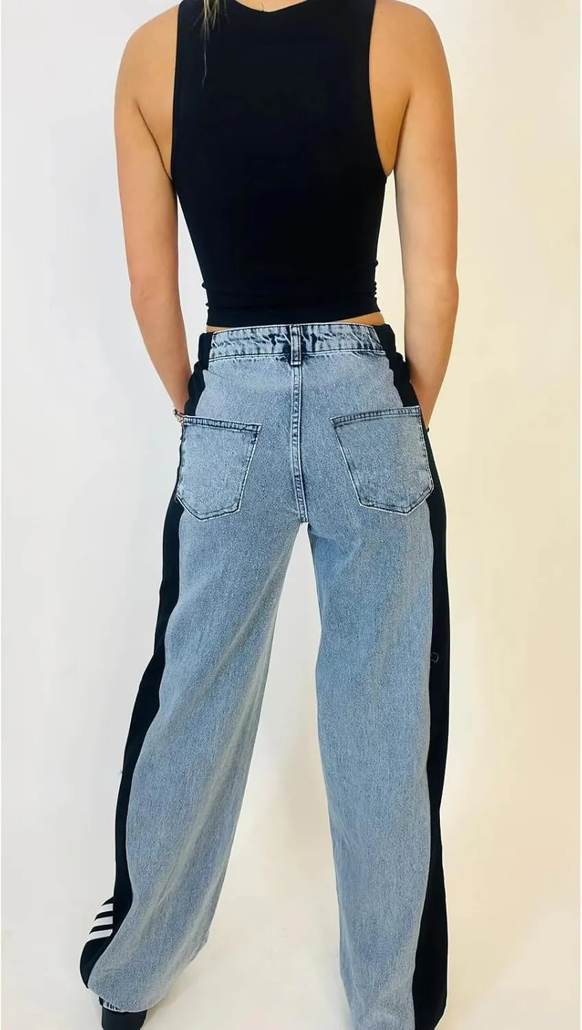 KANSOON Jeans for Women with Patchwork Stripes High Waisted Straight Stretchy Loose Color Block Wide Leg Denim Pants